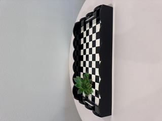 Black White Checkered Serving Tray Scalloped with handles